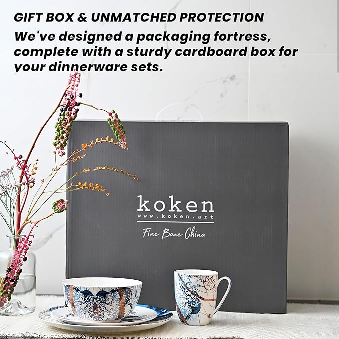 KOKEN - Ocean Blue 16 Piece Dinnerware Set (Service for 4) fine bone china - Dish Plates and Bowls Sets, Service for 4, Dinner Salad Dessert Plates, and Cereal Bowls Set, Blue - Microwave safe