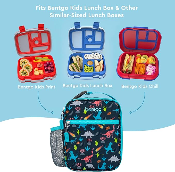 Bentgo Kids Insulated Lunch Tote - Water-Resistant, Reusable, Lightweight & Durable Lunch Bag with Water Bottle Holder & Exterior Pocket, Fits Lunch Box & Water Bottle - Ideal for Ages 3+ (Dinosaur)