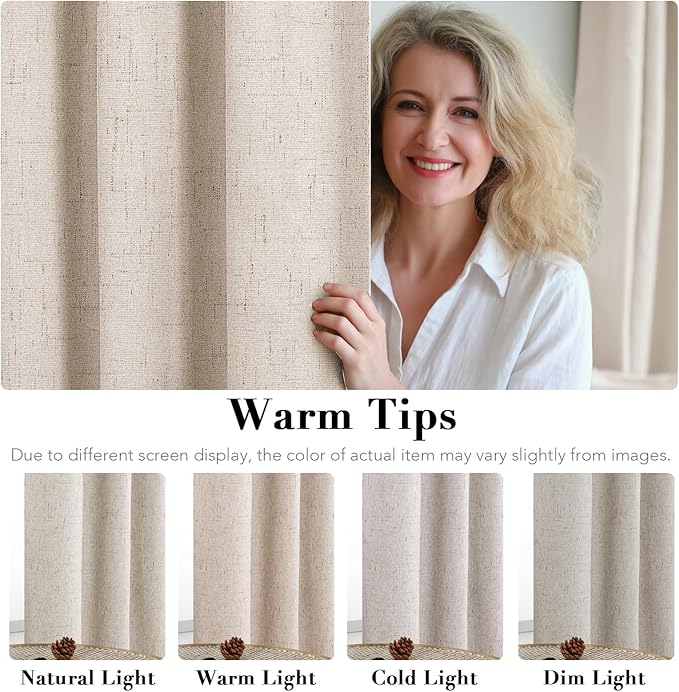 H.VERSAILTEX 100% Blackout Curtains for Bedroom 84 Inches Long Grommet Linen Face Full Light Blocking Curtain Drapes for Living Room Thermal Linen Look Curtains 2 Panels Set, 52" W x 84" L, Natural