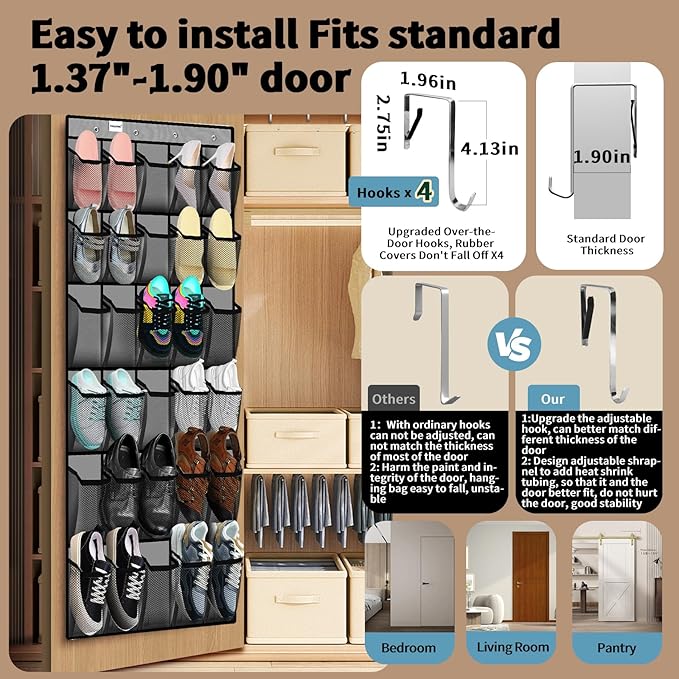 PAULONE Over the Door Shoe Organizer, 30 Multi-Size Large Breathable Mesh Pockets, Reusable Breathable Large Mesh Pockets, Boys' and Girls' Shoe Organizer, Space Saving Hanging Organizer (Gray)