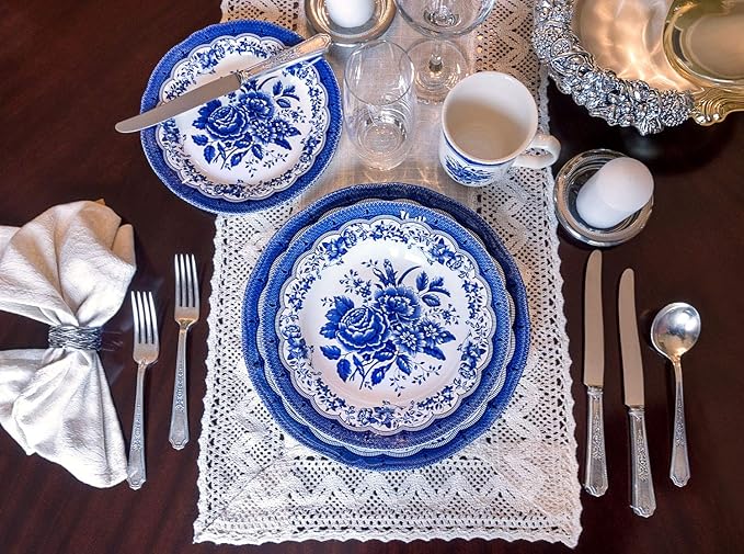 Tudor Royal 30-Piece Porcelain Round Dinnerware Set, Service for 6, Victoria Blue Design, Blue Floral, Plates Bowls Mugs Dishes Saucers, Glossy, Premium Quality Tableware, Unique Pattern