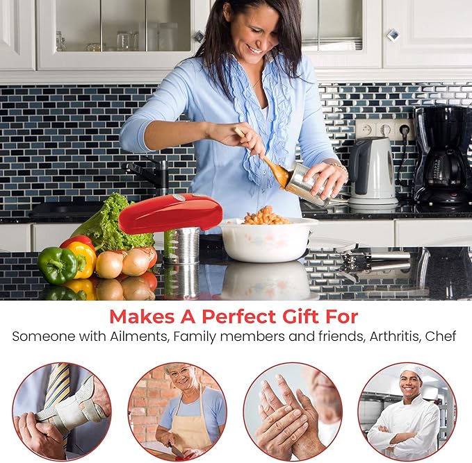 Electric Can Opener - No Sharp Edge Handheld Can Opener - Battery Operated Can Opener - Easy One-Touch Operation - Automatic, Food Safe, Hands Free, Smooth Edge (Red)