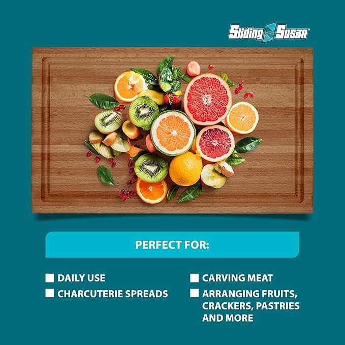 SlidingSusan Cutting Board - Solid Beechwood Butcher Block for Kitchen, Chopping, Serving, or Gifting – 1” Thick Reversible Wooden Slab for Countertop or Table, 11” x 18”