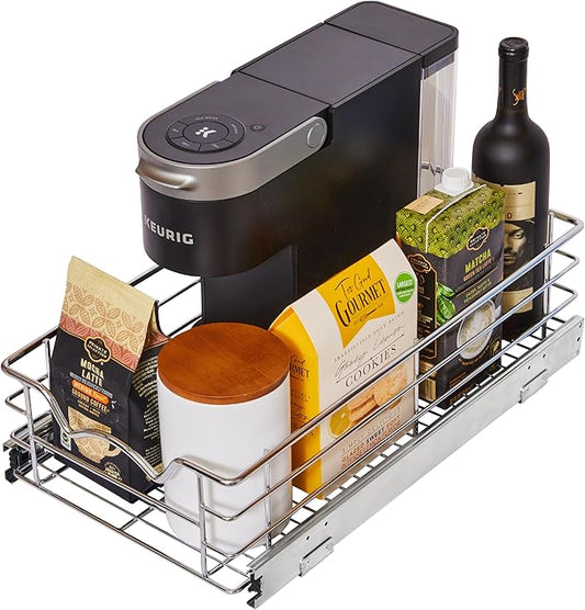 HOLDN’ STORAGE Heavy-Duty Premium Collection Pull Out Cabinet Organizer, Cabinet Drawer Slide Outs, Lifetime Limited Warranty - Basket Size 11" W x 21" D x 5" H, Anti-Rust Chrome Finish