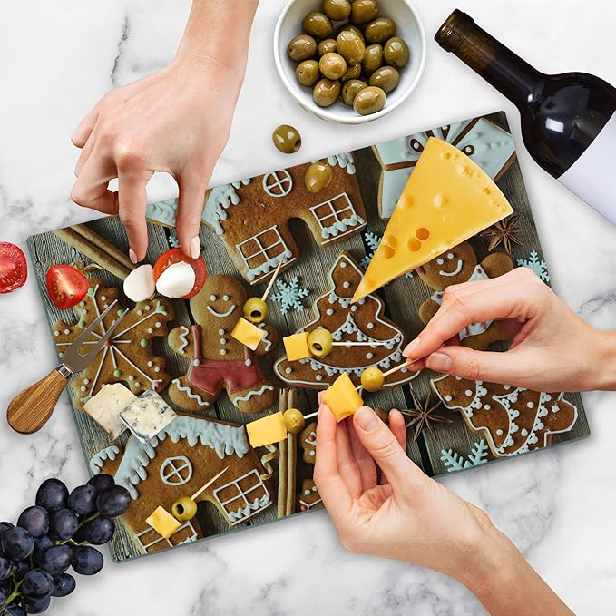 Ambesonne Gingerbread Man Cutting Board, Tasty Looking Traditional Cookies Little Snowflakes Cinnamon, Decorative Tempered Glass Cutting and Serving Board, Large Size, Brown White