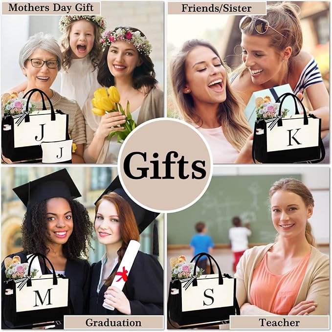 YOOLIFE Christmas Gifts for Women - Initial Tote Bag & Makeup Bag, Womens Christmas Stocking Stuffers Mom Wife Teacher Friend