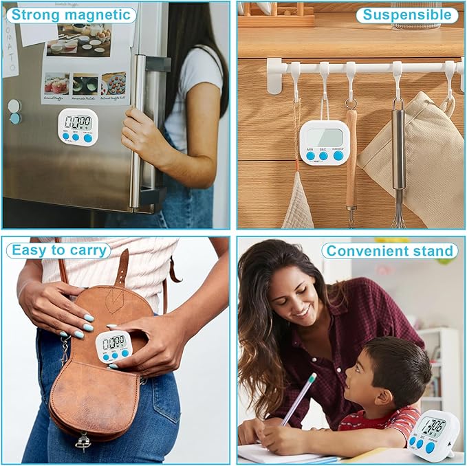 6 Pack Digital Kitchen Timer Multi-Function Magnetic Timers Classroom Timer for Kids Loud Alarm Big LCD Display Electronic Count Up Countdown Timers for Cooking, Classroom, Exercise, Meeting, White
