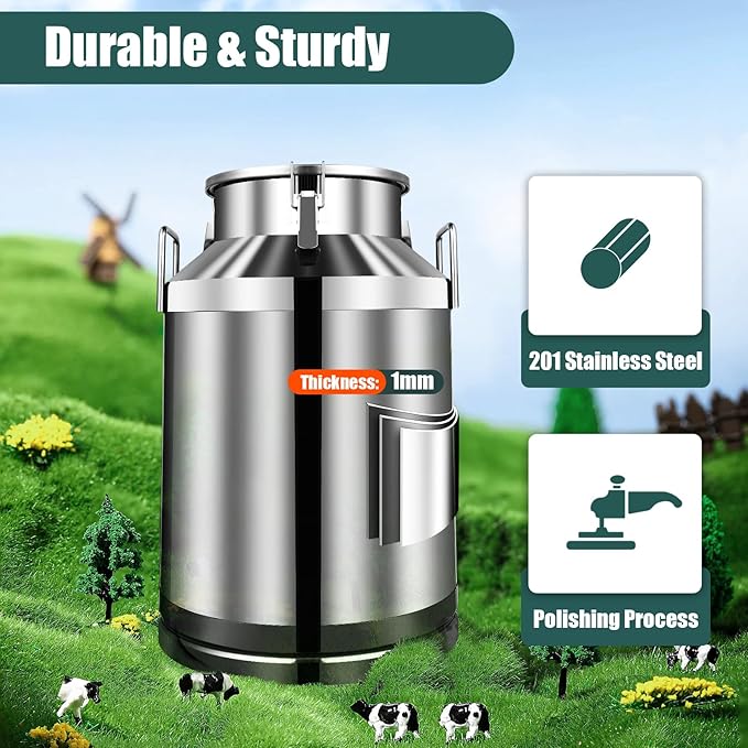 Milk Can Stainless Steel Containers with Lids Old Fashion Milk Jug Metal Bucket with Practical Handles, Sealed Bucket for Milk Water Wine Honey Oil Rice Tea Beans Grains (60L/15.85Gal)