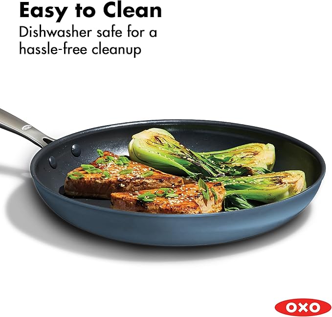 OXO Enhanced Hard Anodized Nonstick 12-Inch Frying Pan, Dishwasher Safe, PFAS-Free Ceramic Skillet, Oven & Broiler Safe to 600°F, Durable Kitchen Cookware, Stainless Steel Handle, Storm Blue