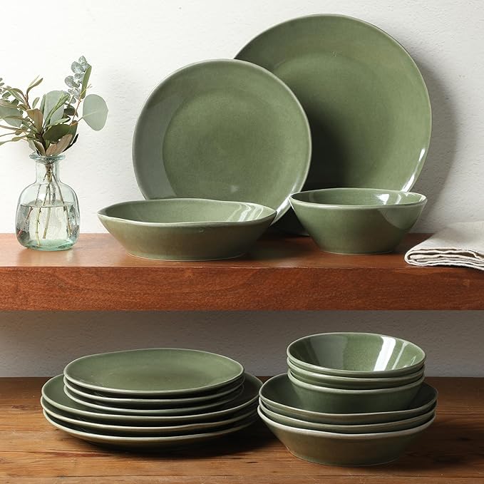 Bloomhouse - Two Time Oprah's Favorite Things Winner - Montecito Breeze 16 Piece (Service for 4) Double Plates and Bowls Stoneware Reactive Glaze Dinnerware Set - Cyprus Green