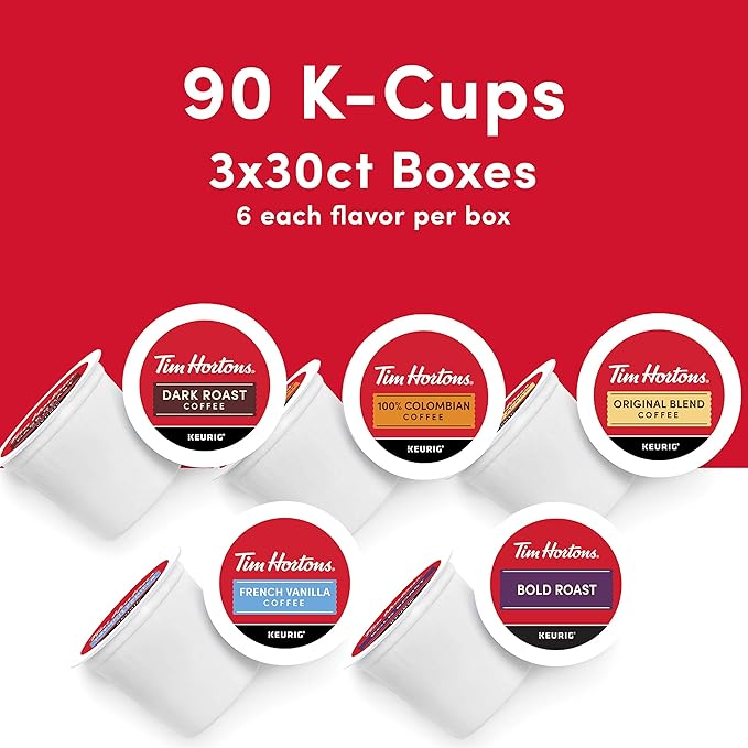Tim Hortons Coffee Variety Pack, Single-Serve K-Cup Pods Compatible with Keurig Brewers, 90ct K-Cups Total, Red
