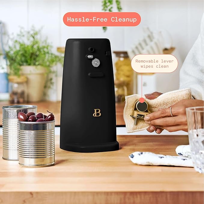 Beautiful Electric Can Opener, Stainless Steel Blade, Magnetic Lid, Auto-Turn Safety, Knife Sharpener & Bottle Opener, Cord Storage - Drew Barrymore Kitchen (Black Sesame)