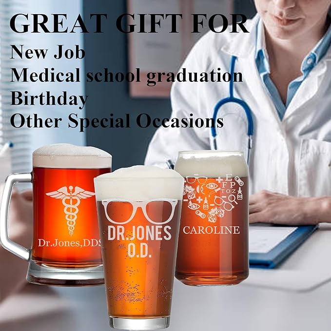 Custom Engraved Beer Mug Glass - Personalized Gifts Pint glass for Eye Doctors, Graduation Gift for Dental Student, Birthday Appreciation Gift for Best Ophthalmologist (Beer, Eye Doctor)