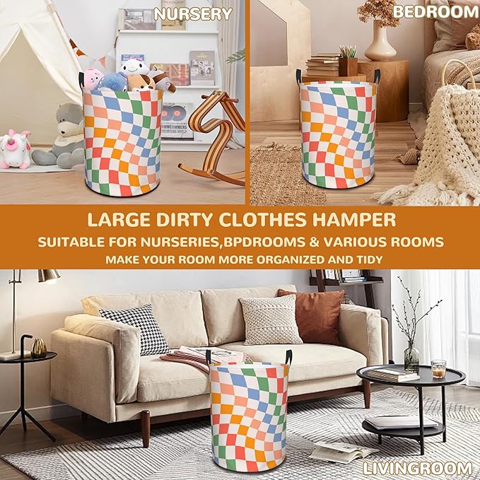Checkered Laundry Basket,Colorful Retro Wavy Foldable Laundry Hamper Waterproof Oxford Cloth Tote Bag,Clothes Storage Bucket Decorative Toy Organizer For Bathroom Bedroom 16" x 20"