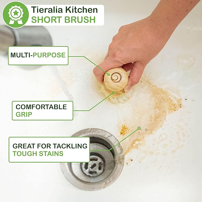 Tieralia Bamboo Dish Brush Gift Set – 5-Piece Kitchen Cleaning Bundle with Bottle Brush, Palm Brush, Scrub Brush & Sponge Pads | Elegant Wood Handles, Scratch-Safe Bristles, Giftable Packaging