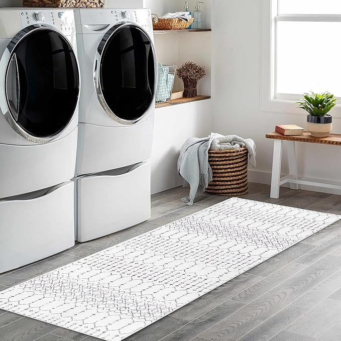 Lahome Moroccan Small Runner Rug - 2x5 Rug Runner Non-Slip Washable Rug Runner Throw Lightweight Hallway Rugs Indoor Laundry Room, Geometric Print Carpet Runners for Bedroom Kitchen (White, 2'x5')