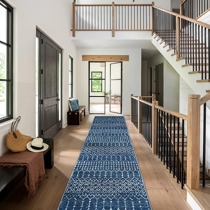 Lahome Moroccan Washable Kitchen Runner - 2x8 Carpet Runners for Hallway 8Ft Low-Profile Non-Slip, Indoor Geometric Print Distressed Rug for Entryway Laundry Room Foyer, (Blue,2'x8')