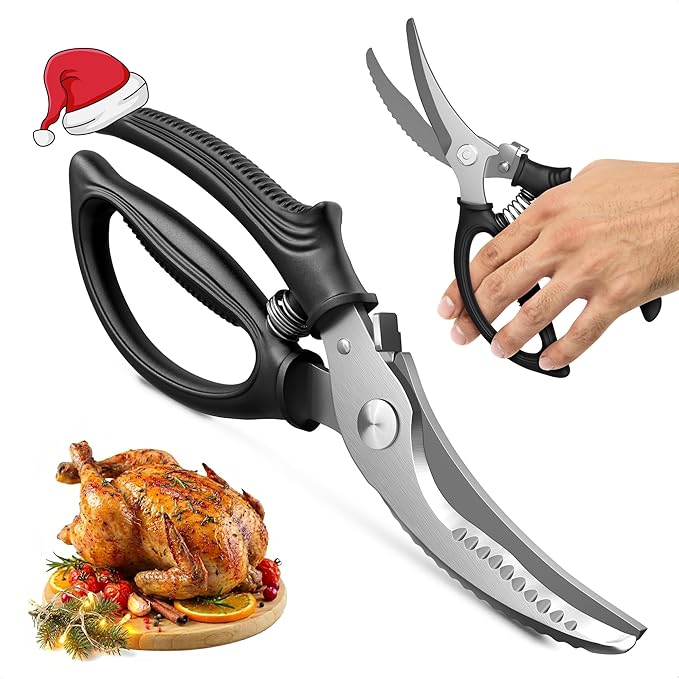 Turkey Shears - Chicken Shears – Stainless Steel Heavy Duty Poultry Scissors | Meat, Vegetables, Seafood | Fish Scale Remover & Bone Scissors | Non-Slip Serrated Saw-Like Edge, Safety Lock