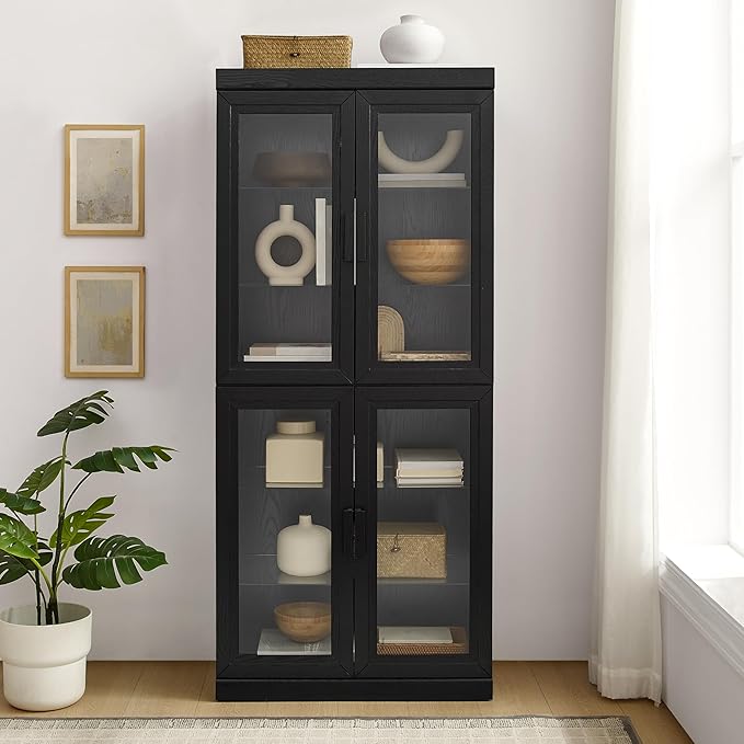 Crosley Furniture Essen Glass Door Kitchen Pantry Storage Cabinet with Doors and Shelves, Living Room, Black