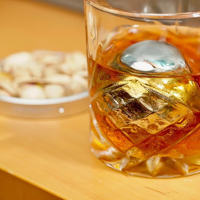 Crystocraft Whiskey Glass with Rotating Aluminum Coaster and 316 Stainless Steel Ice Ball, Spinning Cocktail Glass with Reusable Chilling Stone for Bars, Restaurants, Party, Home