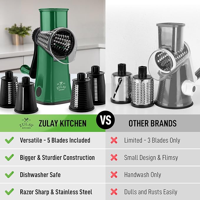 Zulay Kitchen Rotary Cheese Grater 5 Blade Cheese Shredder - Manual Hand Crank Cheese Grater With Reinforced Suction & 5 Interchangeable Drums - Easy to Use, Vegetable Chopper Round Mandoline Slicer