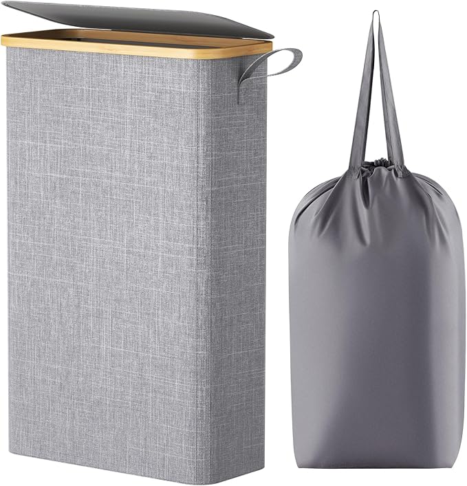 Lifewit 65L Slim Laundry Hamper with Lid, Narrow Laundry Basket with Removable Bag & Bamboo Handles, Fodable Thin Dirty Clothes Hamper for Laundry Collapsible Bin for Bathroom Bedroom Dorm, Gray