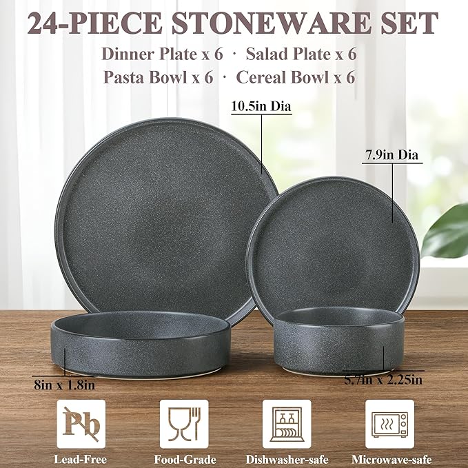 Herogo Dinnerware Dishes Sets with Salad Bowls, 24 Piece Plates and Bowls for 6, Dishwasher & Microwave Safe Ceramic Stoneware for Kitchen, Dark Gray