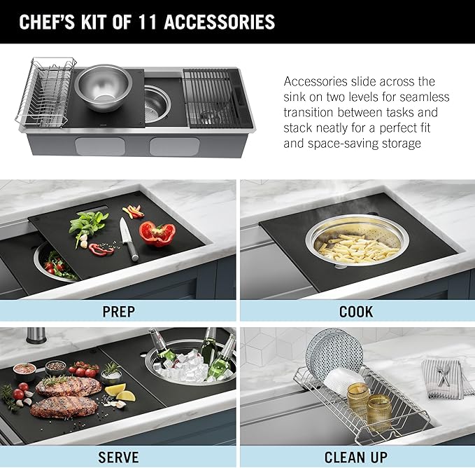 DELTA FAUCET Rivet 45-inch Workstation Kitchen Sink Undermount 16 Gauge Stainless Steel Single Bowl with 2-Tier WorkFlow Ledge and Chef’s Kit of 11 Accessories, 95BA131-45S-SS