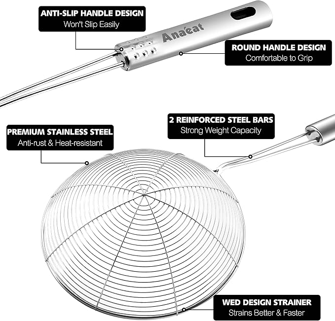 Anaeat 5.3" Stainless Steel Spider Skimmer, Professional Kitchen Pasta Strainer Spoon with Long Handle - Asian Strainer Ladle Wire Skimmer Spoons for Cooking and Frying