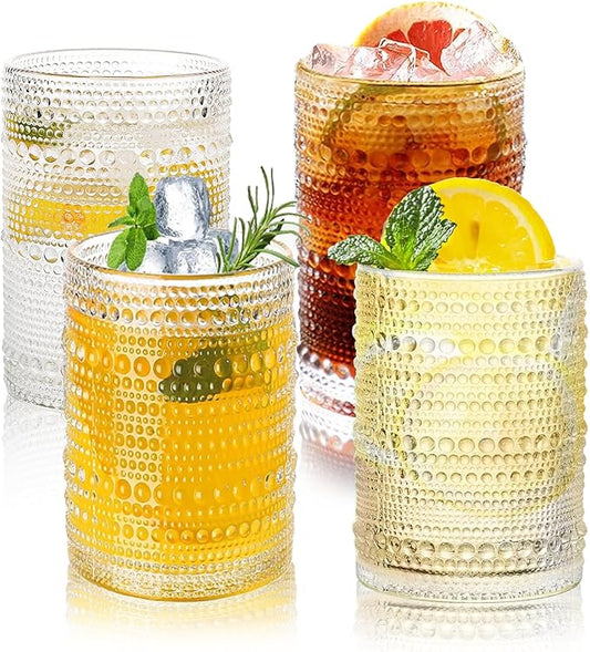 Hobnail Drinking Glasses Set,16 Oz Vintage Embossed Glass Tumbler for Cocktail, Beer, Juice, Water, Whiskey and Kitchen Glassware, 4 Pack