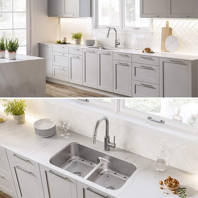 KRAUS Premier 32-inch Undermount 50/50 Double Bowl Low Divider 18-Gauge Stainless Steel Kitchen Sink with Strainers (x2), KBU32