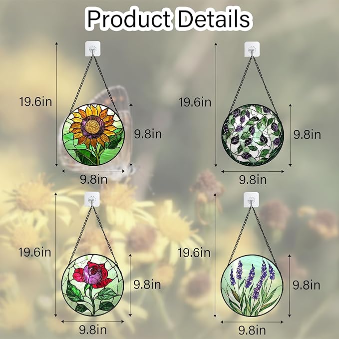 Stained Glass Window Hanging 4 Pcs Set Red Roses Yellow Sunflowers 9.8" - Flower Suncatcher Door Garden Sun Catcher Decor Birthday Mother's Day for Mom Woman Nana Girl