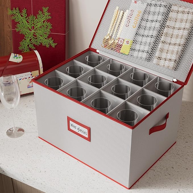 homyfort Wine Glass Storage Box with Dividers, China Stemware Storage Containers Hard Shell, Service for 12 Crystal Wine Glasses Or Goblet (Grey)
