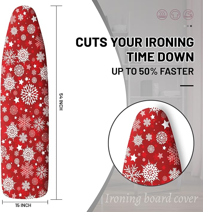 Extra Thick Ironing Board Cover and Pad, Christmas 15x54 Ironing Board Cover, Resist Scorching and Staining,Christmas Winter Snowflakes Xmas Red