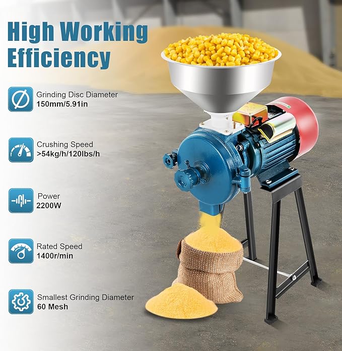 2200W Electric Grain Grinder Mill, 110V Commercial Dry Grinder for Corn Rice Wheat Spices Coffee, 60-120lbs/h Stainless Steel Mill with Adjustable Knob, for Home Kitchen Pharmacy Supermarket Use