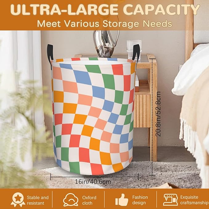 Checkered Laundry Basket,Colorful Retro Wavy Foldable Laundry Hamper Waterproof Oxford Cloth Tote Bag,Clothes Storage Bucket Decorative Toy Organizer For Bathroom Bedroom 16" x 20"