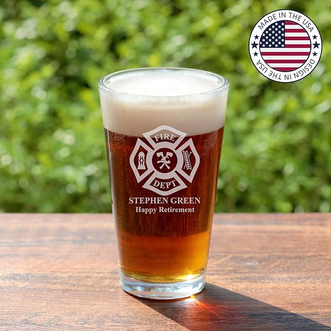 Personalized Firefighter Beer Mug, Custom Name and Text, Etched Fire Dept Beer Glass, 17oz Engraved Glassware, Fireman Gift, Home Bar, Firefighter Gifts for Men, Dad
