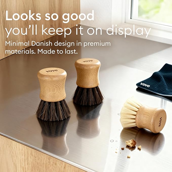Vove Bamboo Scrub Brush Set, 3 Pack - FSC Certified Bamboo, Plastic-Free Natural Fiber Bristles, Sisal & Union Fibers, Stainless Steel - Kitchen Dish Scrubbing Set, 2 Hard, 1 Medium