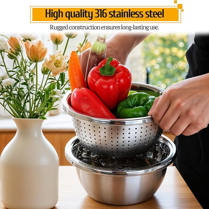 304 Stainless Steel Colander 5 Quart Large Capacity with Mixing Bowl, Large Bowl for Kitchen, Rice Strainer for Fruit Vegetable Washing, Pasta Straining and Food Mixing