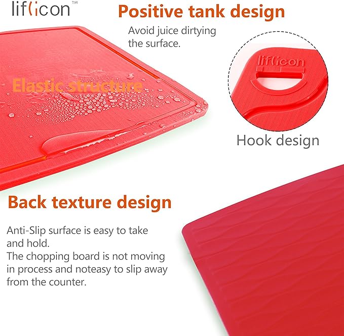 Liflicon Thick Silicone Cutting Board 12.6'' x 9.1'' Juice Grooves Easy Grip Handle Dishwasher Safe-Red