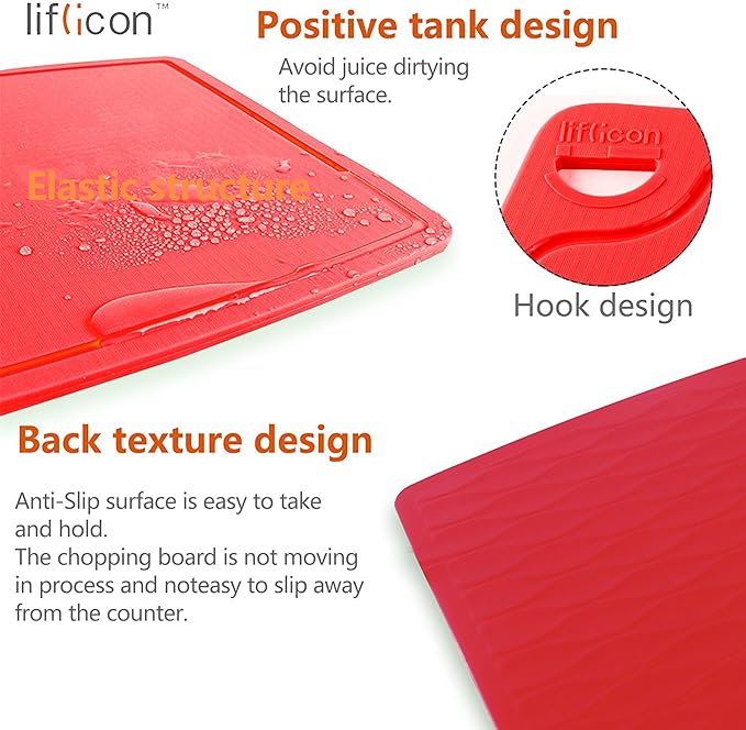 Liflicon Thick Cutting Boards for Kitchen Silicone Chopping Board Set of 2 Mid 12.6'' x 9.1”,Mini 9.1”x7.1” Non-slip Deep Drip Juice Groove Easy Grip Handle,Dishwasher Safe-Red