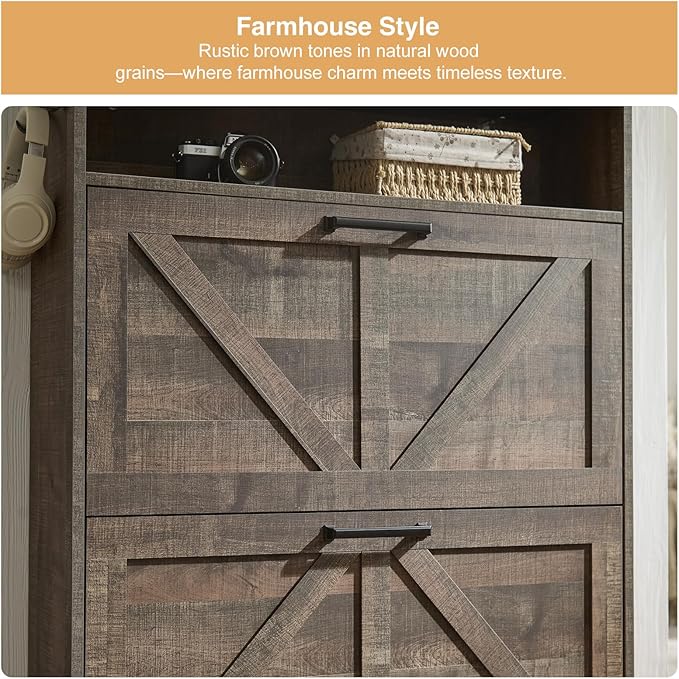 Shoe Storage Cabinet,Farmhouse Shoes Organizer with 2 Flip Drawers & Barn Door Design,Freestanding Hidden Slim Narrow Shoe Rack Cabinet with Open Shelves for Entryway,Hallway,Rustic Brown