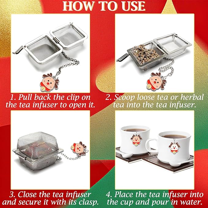 Christmas Themed Tea Ball Set, 2 PCS Cubic Tea Strainers for Loose Leaf Tea, Reusable Stainless Steel Mesh Tea Steeper, Tea Infuser with Brown Caribou and White Reindeer Pendant