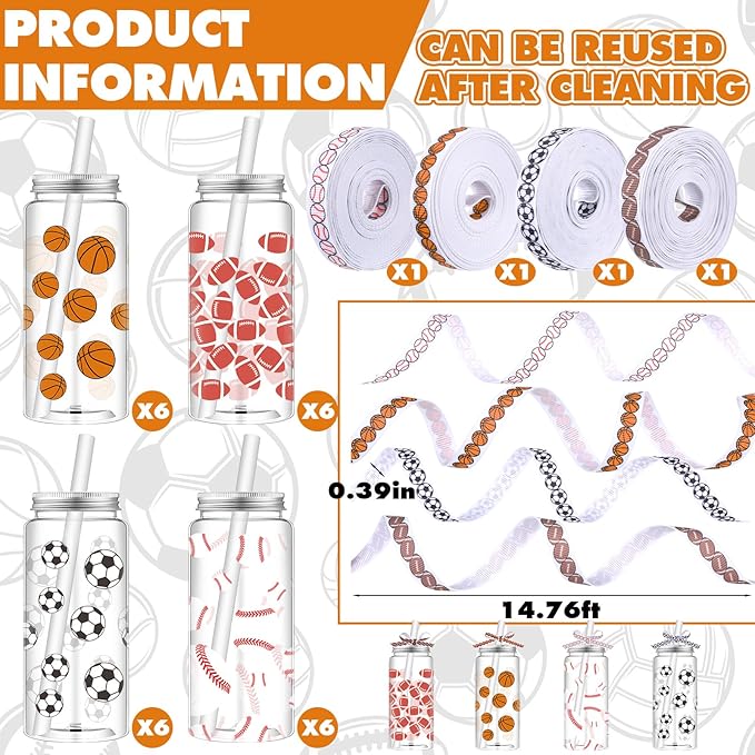 Hushee 24 Pcs 14.2 oz Sports Plastic Tumbler with Lid and Straw Basketball Football Baseball Soccer Clear Plastic Cups with 4 Sports Themed Ribbons Reusable Cups for Birthday Party Favors