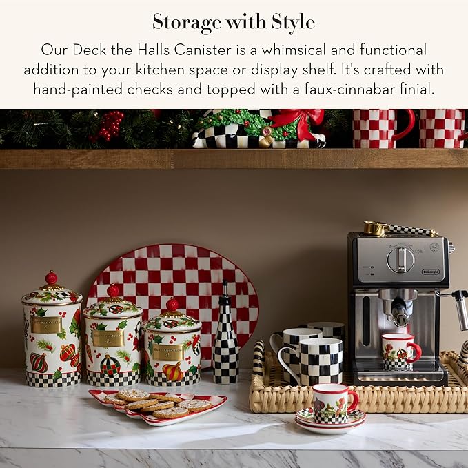 MACKENZIE-CHILDS Enamel Canister, Kitchen Storage Container with Lid, Large, Deck the Halls