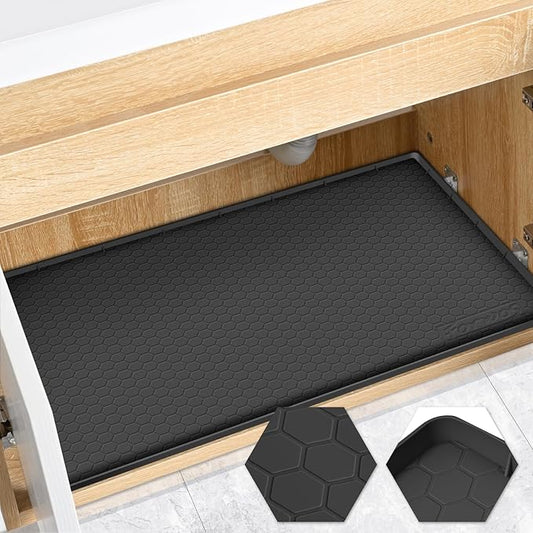 Waterproof Under Sink Mat 28" x 19", Silicone Cabinet Liner, Rubber Protector for Kitchen and Bathroom, Keeps Cabinets Clean, Dry, and Organized (Black)