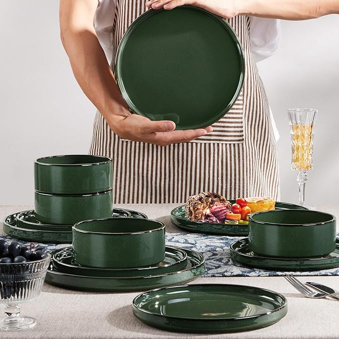 Herogo Plates and Bowls Dinnerware Sets for 8, 24 Pieces Ceramic Stoneware Dinner Dishes Set, Rustic Terracotta Bottom, Dishwasher & Microwave Safe, Dark Green