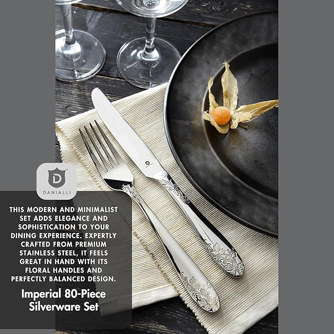 Modern Silverware Set, 18/10 Stainless Steel Flatware, Mirror Finish, Dishwasher Safe, Elegant Cutlery for Home and Dining, Built to Last (80-Piece, Imperial)