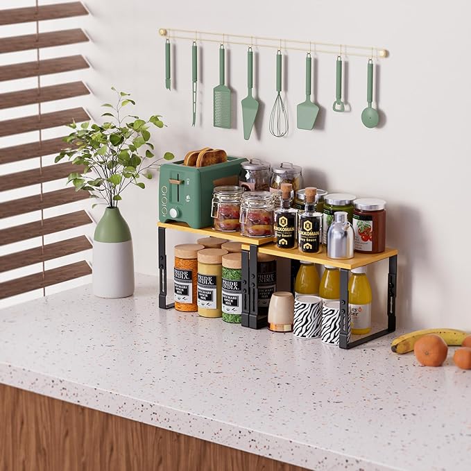 Adjustable Storage Shelves for Kitchen Cabinet Organization - Set of 2 Stackable Metal & Solid Wood Racks, Space-Saving Design for Countertop/Pantry/Garage, Easy Assembly(2 Packs/Large/Black)