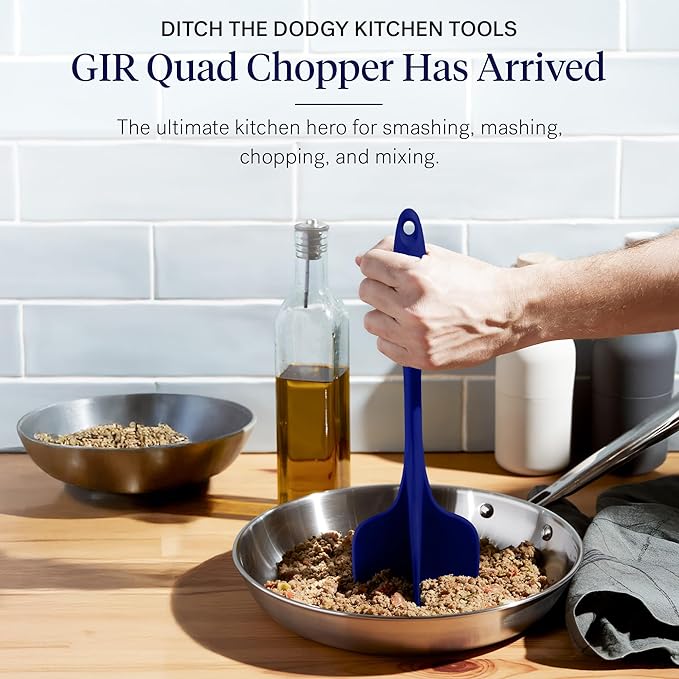 GIR: Get It Right Silicone Potato Masher & Quad Meat Chopper - 12 In Navy - Heat Resistant up to 425°F Fiberglass Core - 7-Blade Ground Meat Chopper & Food Masher - Dishwasher Safe Kitchen Gadget